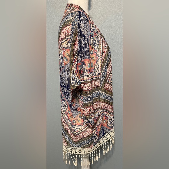 Anthropologie Eyeshadow Paisley Boho Kimono Lace Fringe Open Front Western Large - Picture 3 of 7